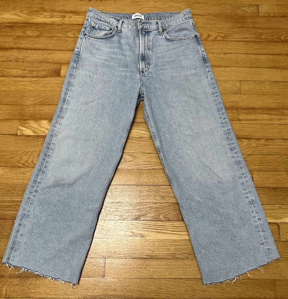 AGOLDE Ren Wide Leg Jeans Womens 30 Blue Light Wash High Rise Raw Hem Denim